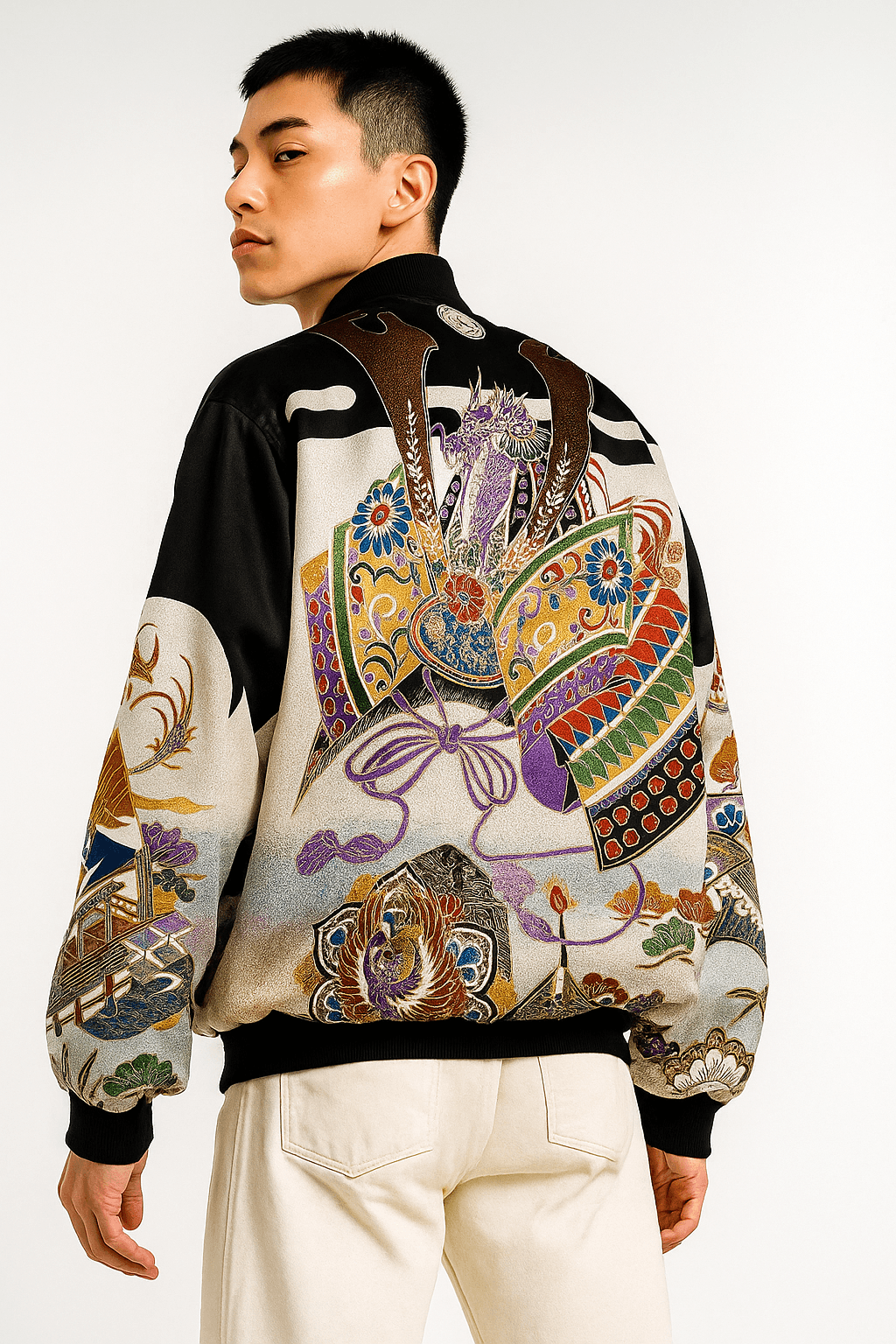 Bagian belakang jaket bomber hitam dengan sulaman helm samurai berwarna-warni dan motif tradisional